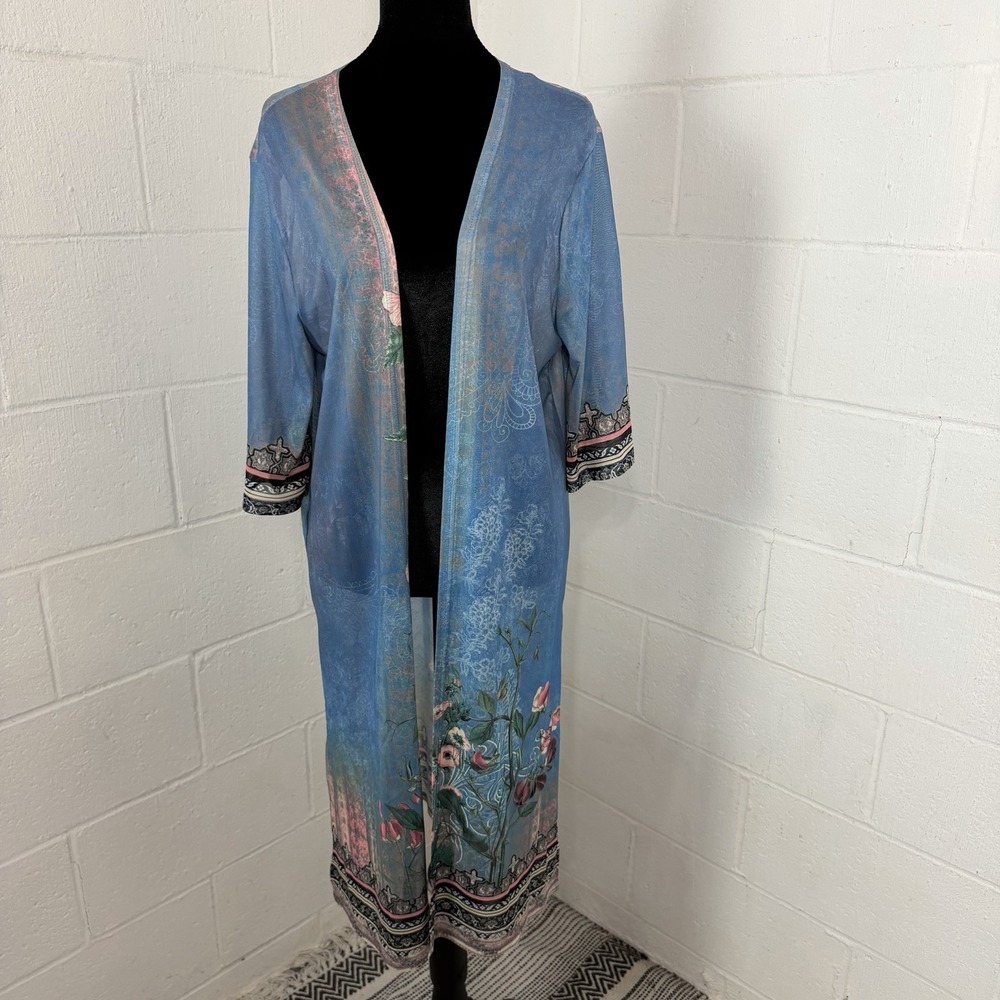 Floral Maxi Kimono Duster SZ L/XL Sheer Blue Ethereal BoHo Romantic Dainty Fairy
